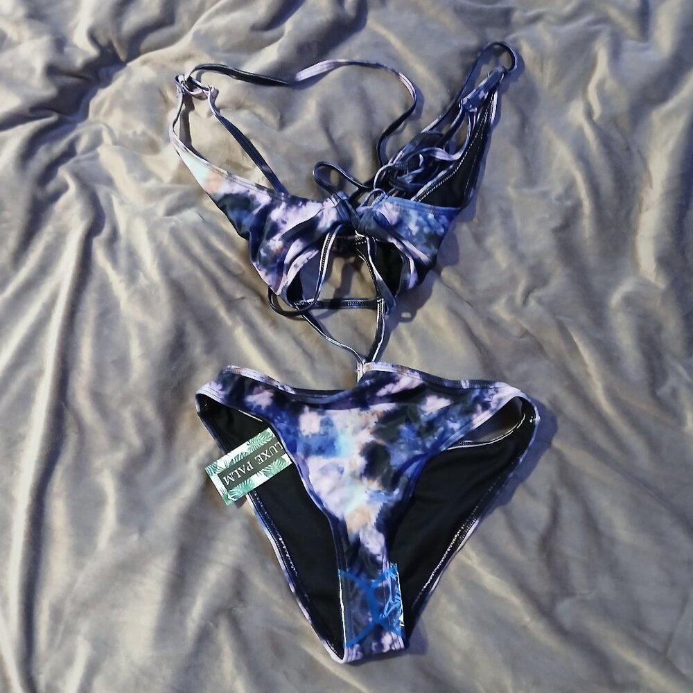 Asos Luxe Palm Women's Cut Out Strappy High Leg Purple Print  Swimsuit N…